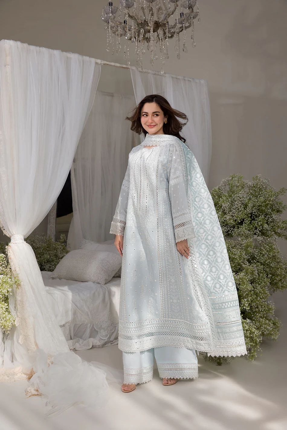 SOBIA NAZIR-3PC LAWN LASERCUTWORK EMBROIDERED SHIRT WITH CHIFFON PRINT EMBROIDERED DUPATTA AND TROUSER | KF-4774
