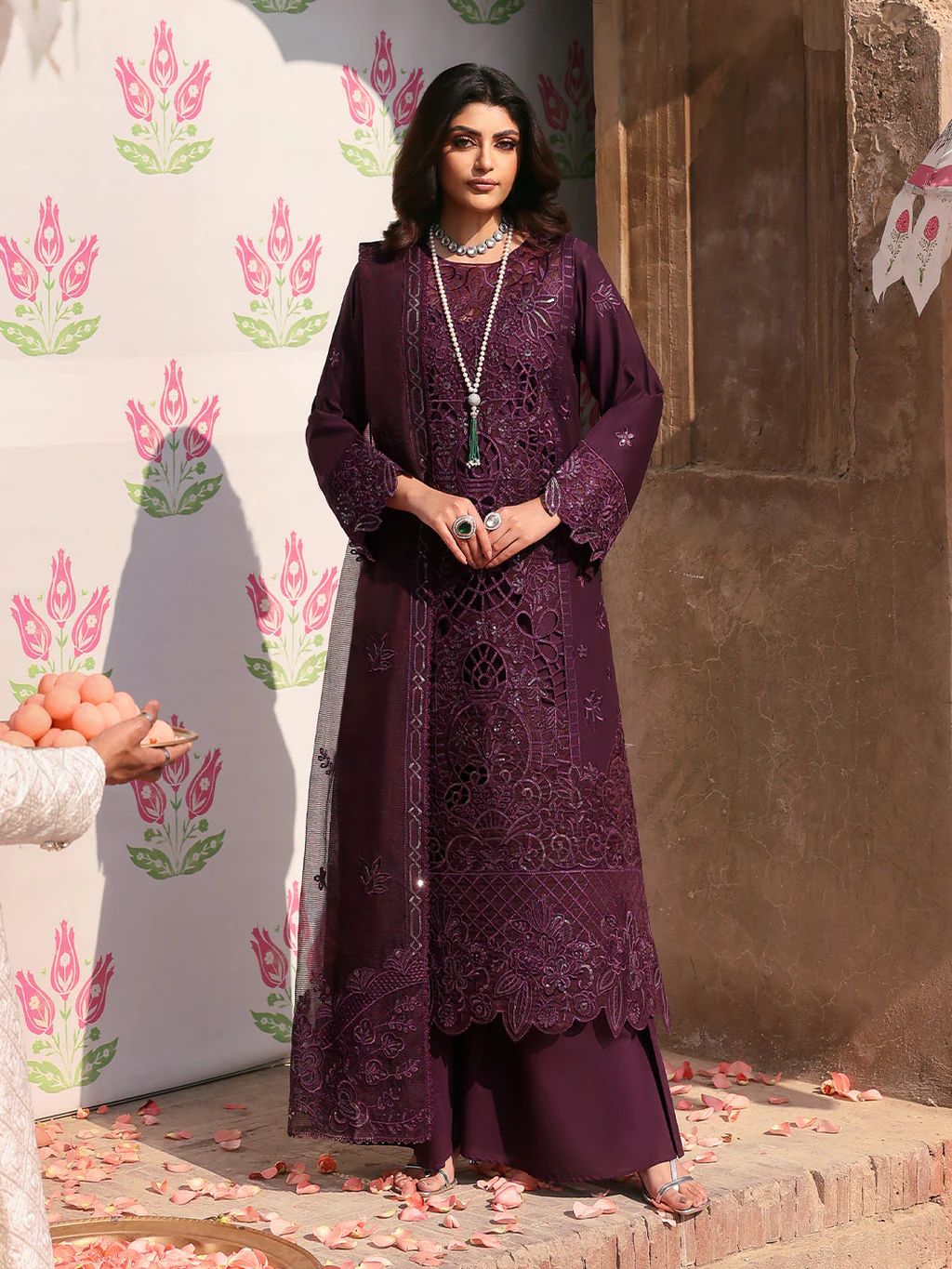 MAHNUR-3PC LAWN SEQUENCE EMBROIDERED SHIRT WITH KHADDI NET EMBROIDERED DUPATTA AND TROUSER | KF-4692