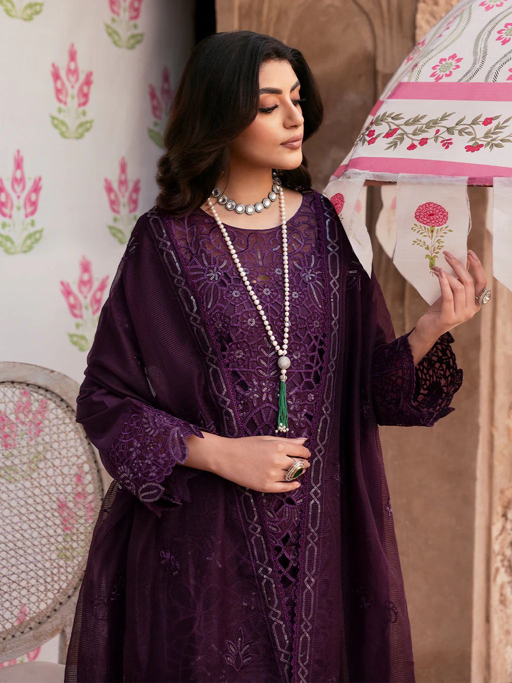 MAHNUR-3PC LAWN SEQUENCE EMBROIDERED SHIRT WITH KHADDI NET EMBROIDERED DUPATTA AND TROUSER | KF-4692