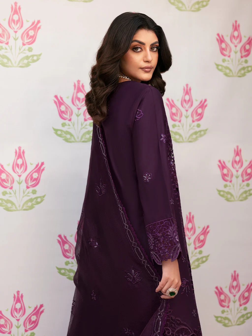 MAHNUR-3PC LAWN SEQUENCE EMBROIDERED SHIRT WITH KHADDI NET EMBROIDERED DUPATTA AND TROUSER | KF-4692