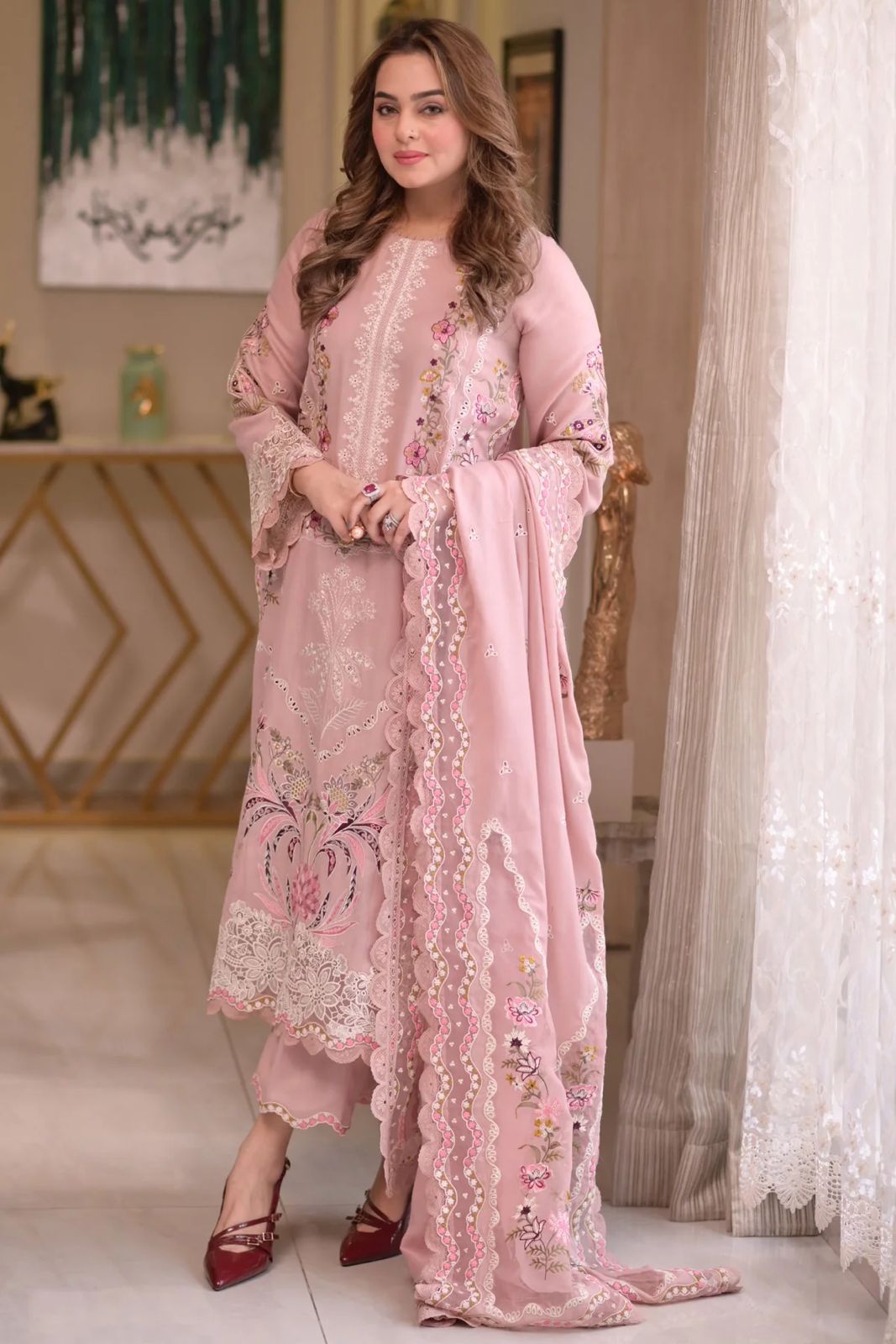 ANEELAS-3PC LAWN CHIKAN EMBROIDERED SHIRT WITH LAWN EMB DUPATTA AND TROUSER-BIC-4667