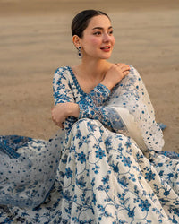 FAIZA SAQLAIN - Jehona - FROCK 3PC LAWN EMBROIDERED SHIRT WITH NET EMBROIDERED DUPATTA AND TROUSER | KF-4847