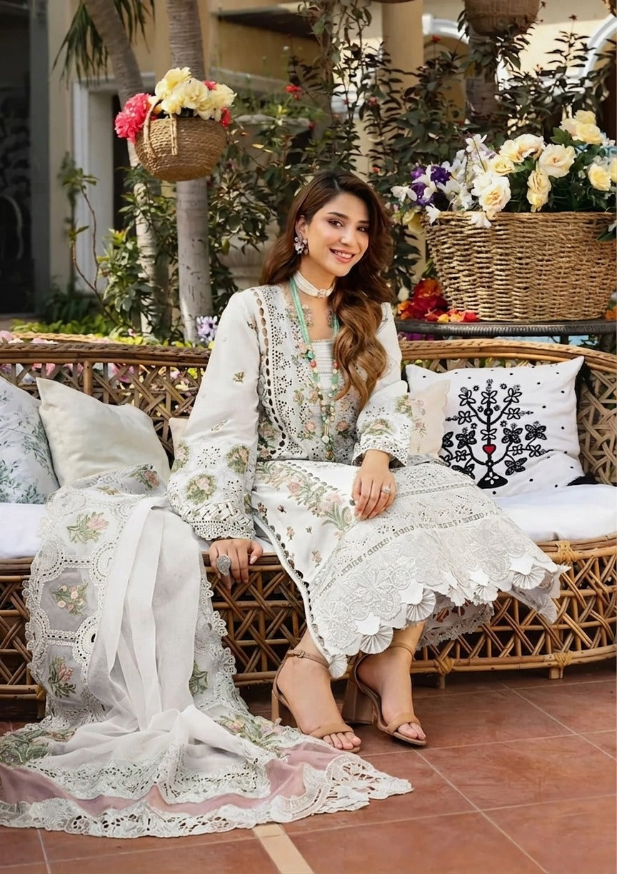 ELAF-3PC LAWN CHIKANKARI EMBROIDERED SHIRT WITH KHAADI NET EMB DUPATTA AND EMB TROUSER | KF-4601 A