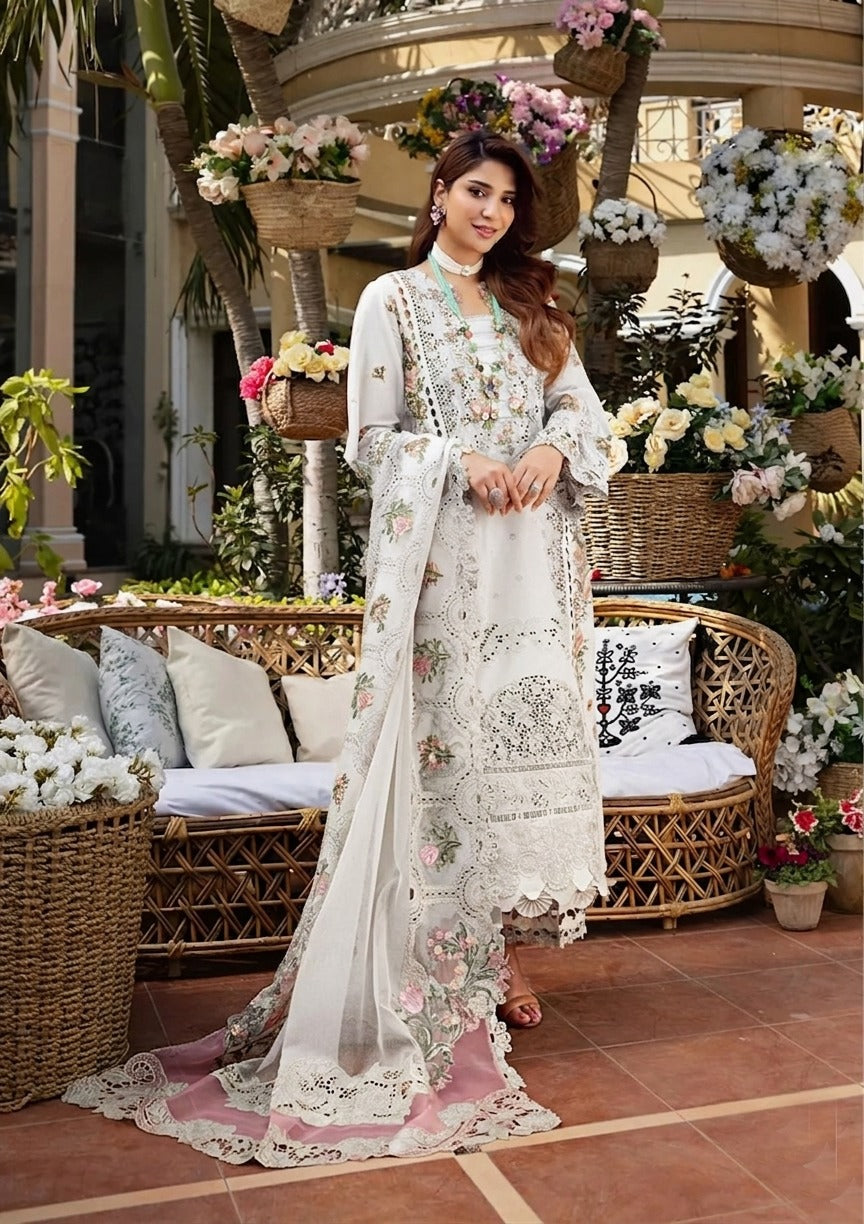ELAF-3PC LAWN CHIKANKARI EMBROIDERED SHIRT WITH KHAADI NET EMB DUPATTA AND EMB TROUSER | KF-4601 A