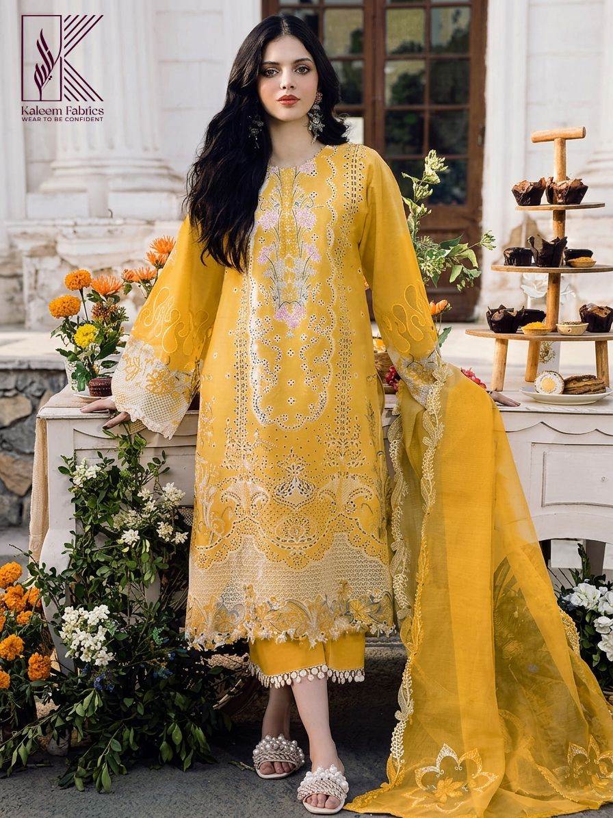 QALAMQAR-3PC LAWN SEQUIN EMBROIDERED SHIRT WITH BAMBER PURE EMB DUPATTA AND PLAIN TROUSER | KF-08