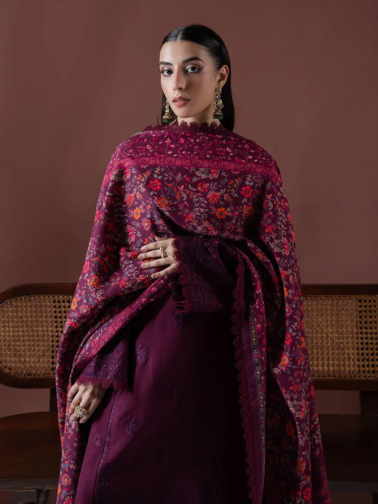 Dhanak Chikan Embroidered Shirt Dhanak Chikan Embroidered Sleeves Courtrai Wool Printed Shawl Dhanak Dyed Trouser Dhanak Dyed Back Unstitched 3pc Dress