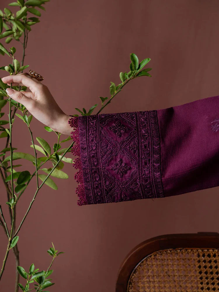 Dhanak Chikan Embroidered Shirt Dhanak Chikan Embroidered Sleeves Courtrai Wool Printed Shawl Dhanak Dyed Trouser Dhanak Dyed Back Unstitched 3pc Dress