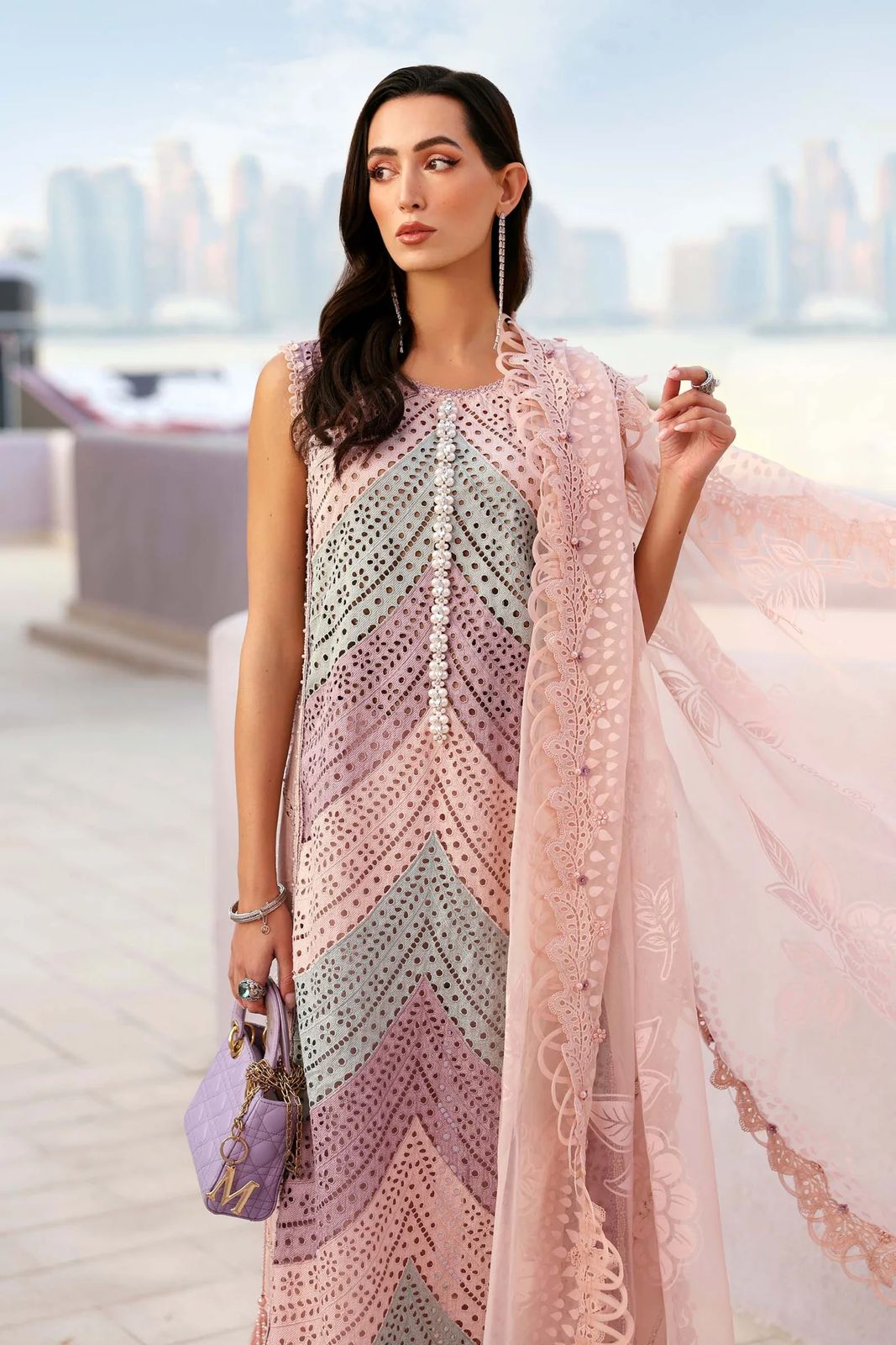 MARIA B-3PC LAWN MULTIPLE SHADES CHIKAN EMBROIDERED SHIRT WITH SELF JACQUARD EMBROIDERED DUPATTA AND EMB TROUSER | KF-4837