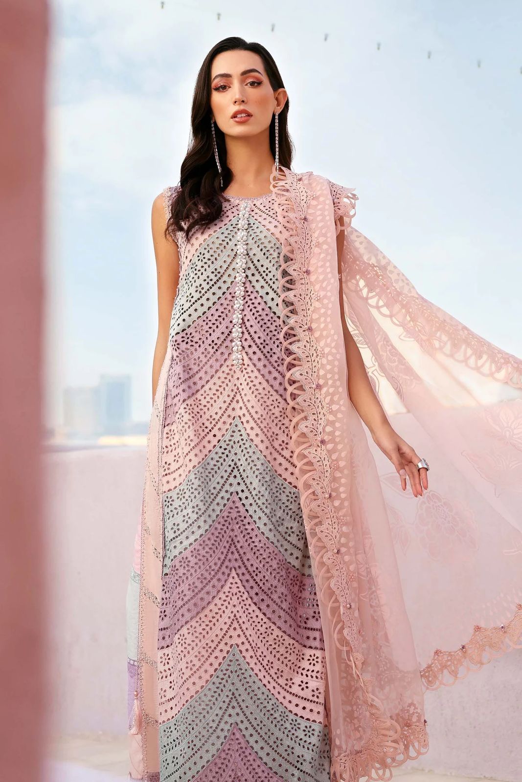 MARIA B-3PC LAWN MULTIPLE SHADES CHIKAN EMBROIDERED SHIRT WITH SELF JACQUARD EMBROIDERED DUPATTA AND EMB TROUSER | KF-4837