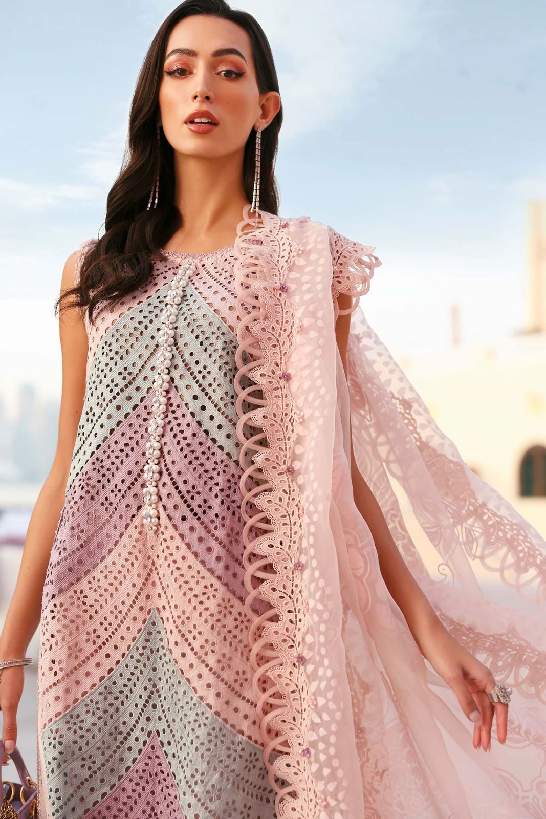 MARIA B-3PC LAWN MULTIPLE SHADES CHIKAN EMBROIDERED SHIRT WITH SELF JACQUARD EMBROIDERED DUPATTA AND EMB TROUSER | KF-4837