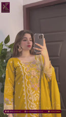 QALAMQAR-3PC LAWN SEQUIN EMBROIDERED SHIRT WITH BAMBER PURE EMB DUPATTA AND PLAIN TROUSER | KF-08